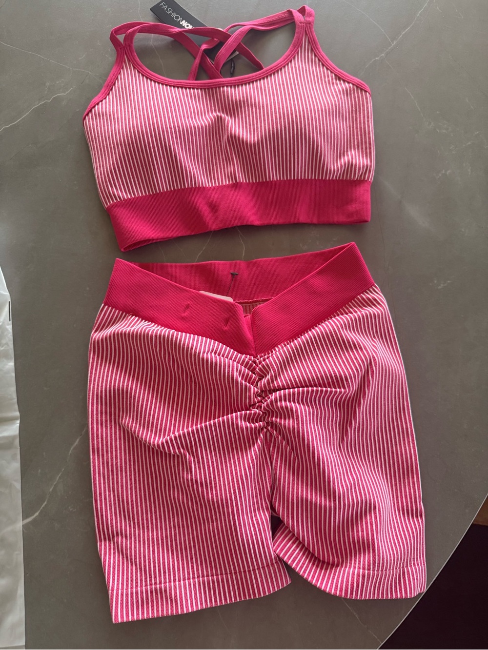 Fashion Nova Hot Pink Ribbed Gigi Sculpting Ruched V Back Short Set let’s trade!
